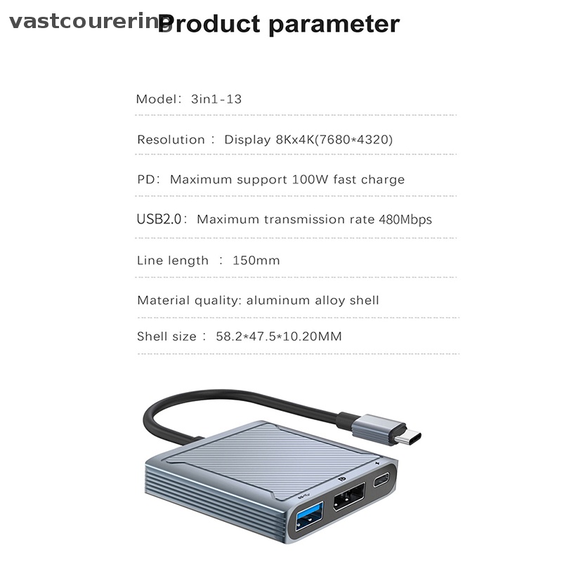 Bộ Chia Cổng USB 8K 60Hz DP 3 Trong 1 Sang Cổng Hiển Thị 4K @ 120 Type C PD 100W EN