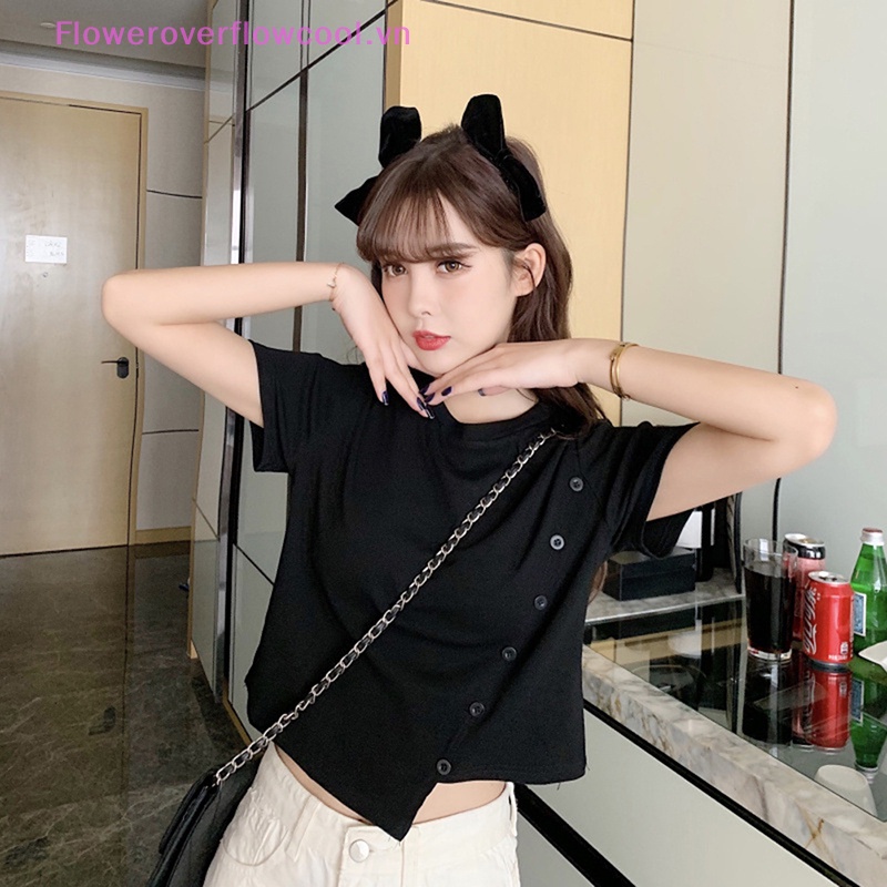 Áo Thun Crop Top Tay Ngắn Màu Trơn Cài Nút Thời Trang Mùa Hè Xinh Xắn Cho Nữ