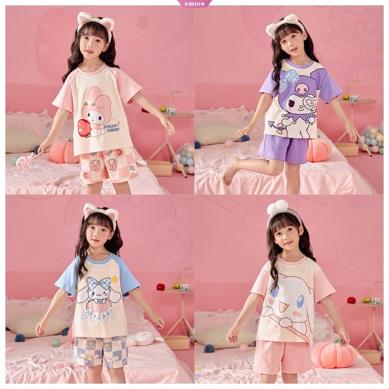 Bộ Đồ Ngủ Tay Ngắn In Họa Tiết Hoạt Hình My Melody Kuromi Cinnamoroll Dễ Thương Thời Trang Mùa Hè Cho Bé