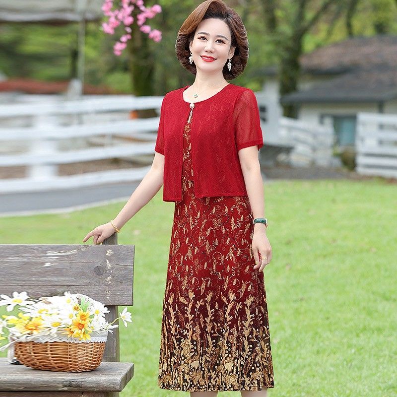 Đầm Chiffon Hoa Tay Ngắn Thời Trang Mùa Hè Cho Phụ Nữ Trung Niên 40-50 Tuổi