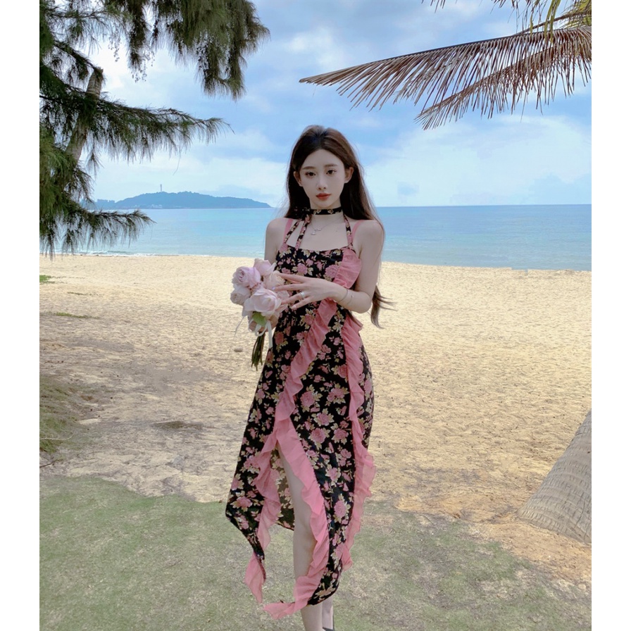 Đầm Hai Dây Họa Tiết Hoa Hồng Phong Cách Retro Pháp