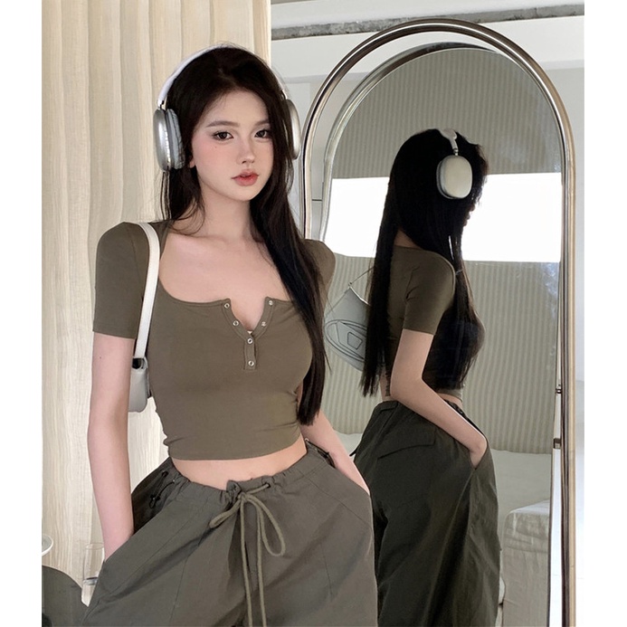 NZN Áo Thun crop top Tay Ngắn Màu Sắc Đơn Giản Phong Cách Hàn Quốc Cho Nữ