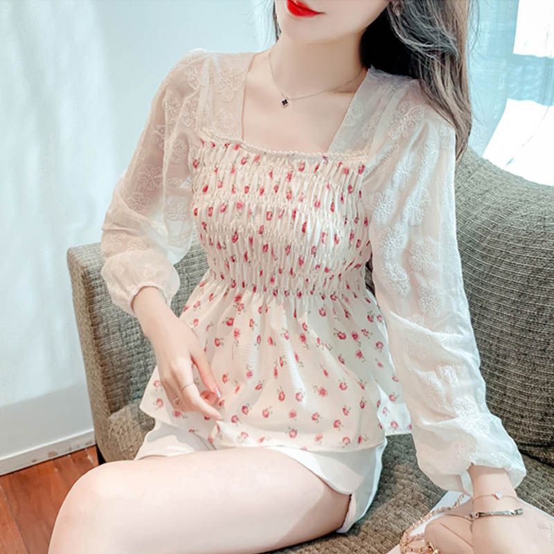 IELGY   Áo Sơ Mi Dài Tay Cổ Vuông Họa Tiết Hoa Phong Cách Pháp Thời Trang Cho Nữ