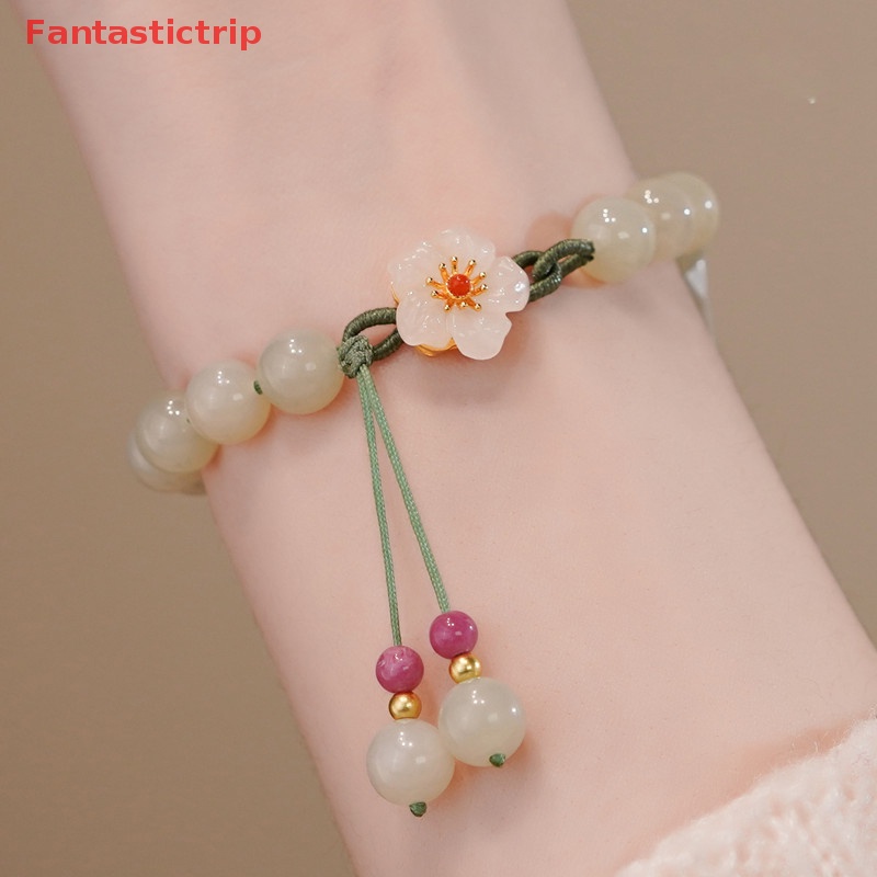 1 Vòng Đeo Tay Hạt Ngọc Bích Tròn Nhỏ Hình Hoa Đào Phong Cách Cổ Điển Mới