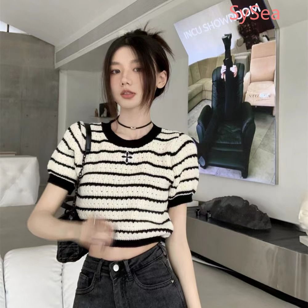 Áo Dệt Kim Kẻ Sọc Cổ Tròn Thời Trang Mùa Hè Cho Nữ