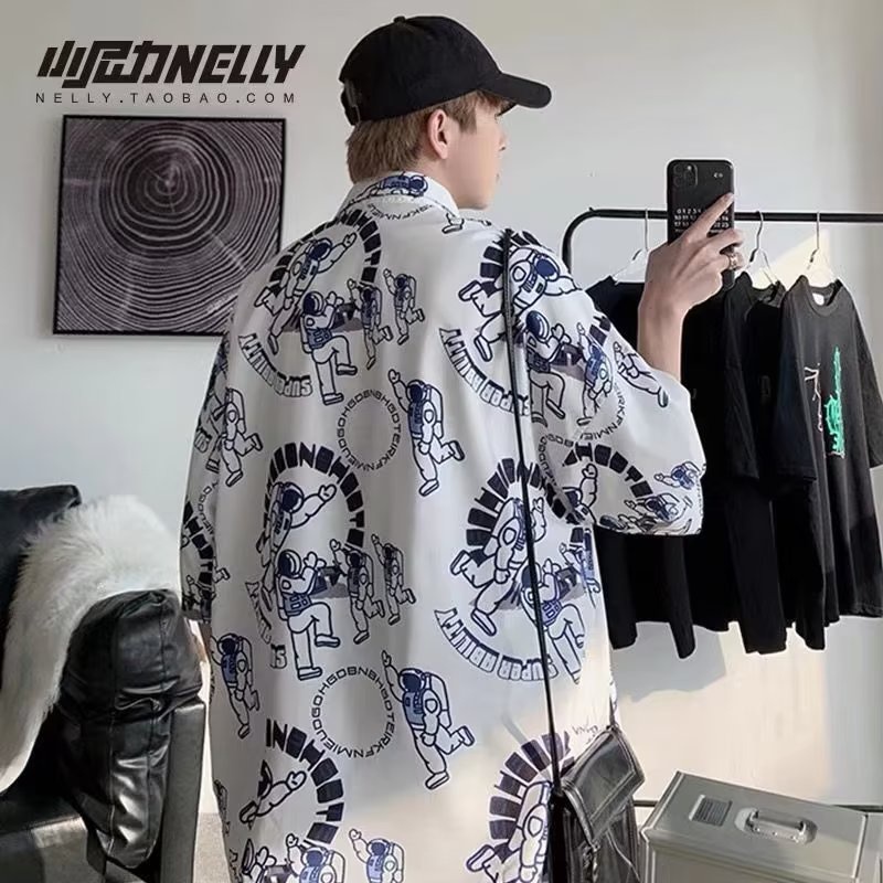 Áo Sơ Mi Tay Lửng Dáng Rộng In Họa Tiết Phong Cách Hong Kong Thời Trang Mùa Hè Hàng Mới Dành Cho Bạn Nam