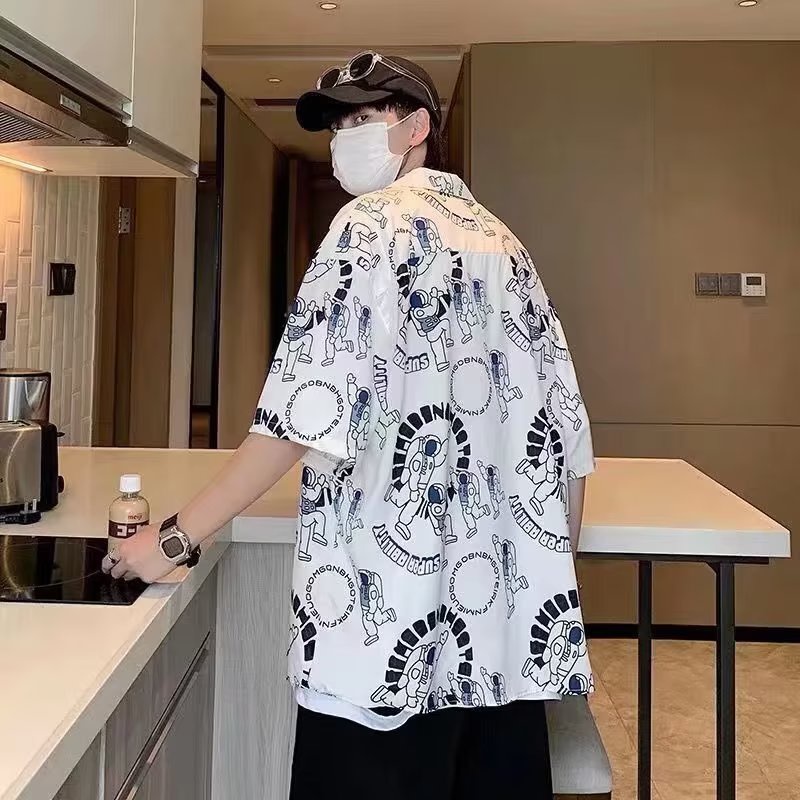 Áo Sơ Mi Tay Lửng Dáng Rộng In Họa Tiết Phong Cách Hong Kong Thời Trang Mùa Hè Hàng Mới Dành Cho Bạn Nam