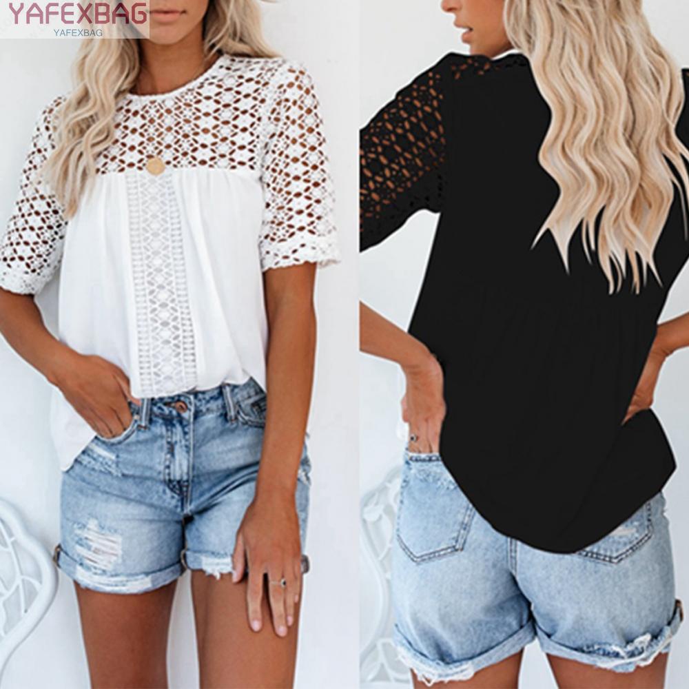 Women Lace Hollow Out Tops O Neck Solid Short Sleeve Blouse Pullover Summer