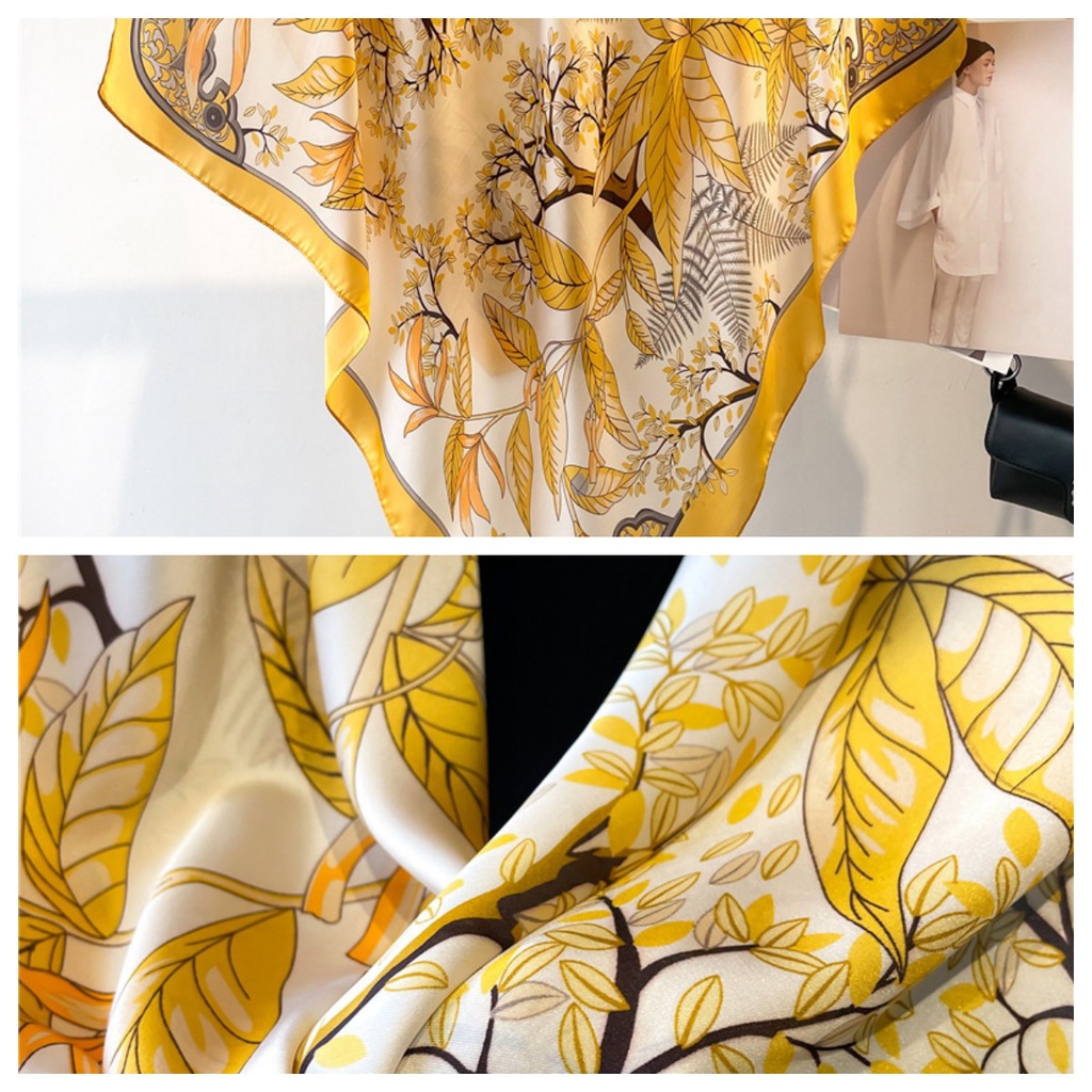 Khăn Quàng Cổ Vuông 90 * 90CM Bằng Lụa In Họa Tiết Lá Phong Trang Nhã Cho Nữ