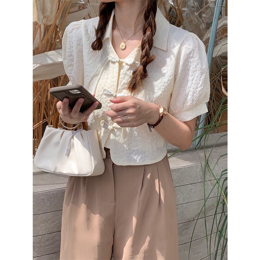 Áo Sơ Mi Tay Phồng Phối Nút Thời Trang Mùa Hè Vintage Dành Cho Nữ