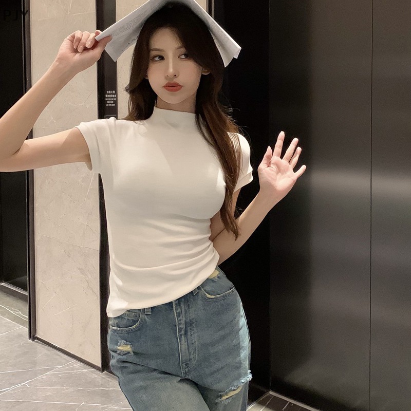 Áo Thun PJY Tay Ngắn Cổ Tròn Màu Trơn Dáng Ôm Thời Trang Mùa Hè Cho Nữ