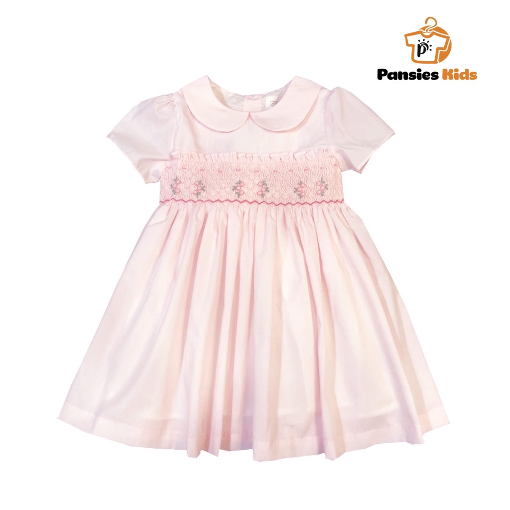 Đầm thêu smock xích móc phối bèo nhún ngực cho bé gái tiểu thư dự tiệc cotton cao cấp màu hồng Pansies Kid