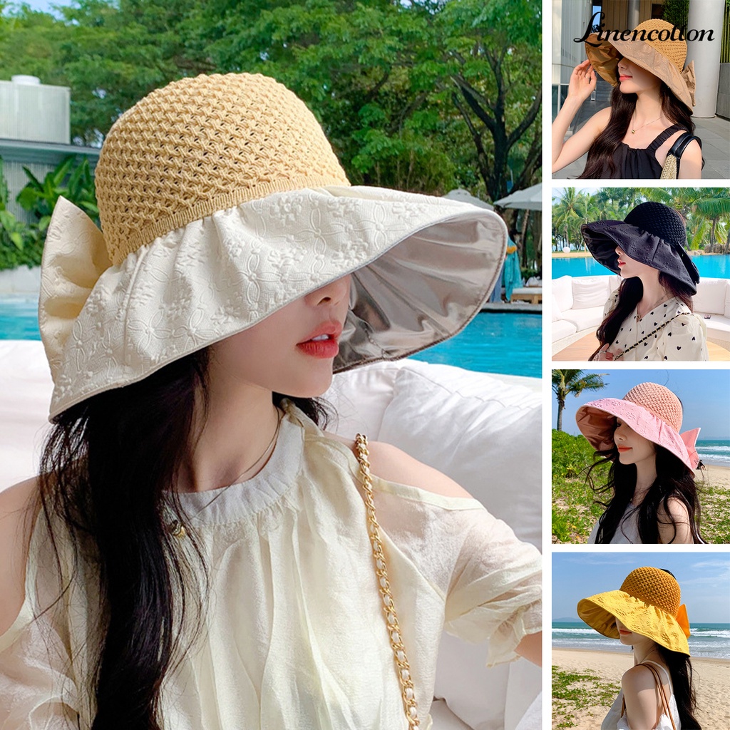 Nón Tai Bèo Rộng Vành Đan Len Hở Chóp Đính Nơ Xinh Xắn Thời Trang Cho Nữ