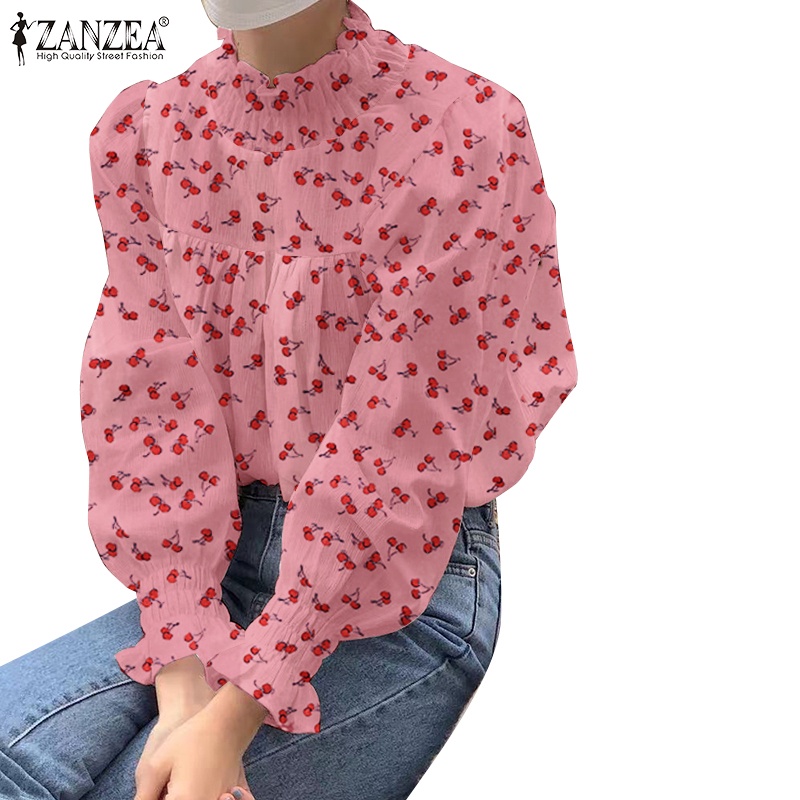 ZANZEA Áo Kiểu Dài Tay Cổ Cao Họa Tiết Trái Cherry Thời Trang Nữ Tính