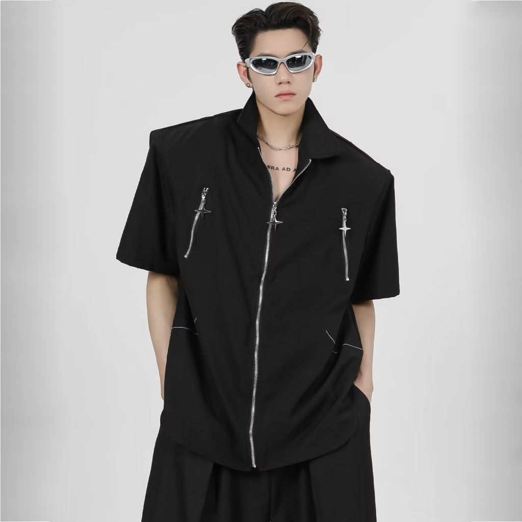 Áo Sơ Mi Tay Ngắn Dáng Rộng Phong Cách Hip Hop Cá Tính Cho Nam