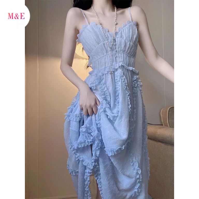 M &amp; E Sanya Đầm Hai Dây Cổ Chữ V Thời Trang Đi Biển Mùa Hè 2023 Phong Cách Mới Ngọt Ngào