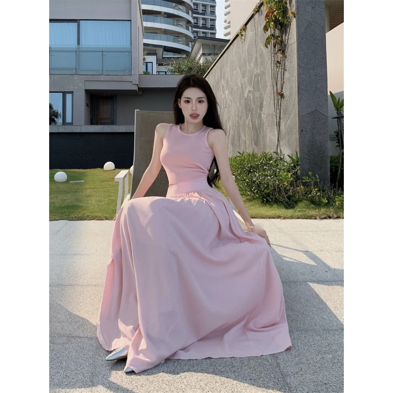 [F &amp; X] Set Áo Dệt Kim Không Tay Dáng Ngắn + Chân Váy Dài Lưng Cao Phong Cách Pháp Độc Đáo Thời Trang Mùa Hè Cho Nữ