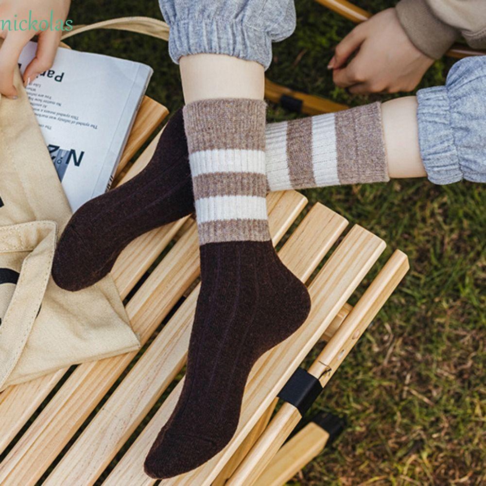 Vớ Len Dày Dặn Họa Tiết Kẻ Sọc Vintage Thời Trang Mùa Thu Cho Nữ