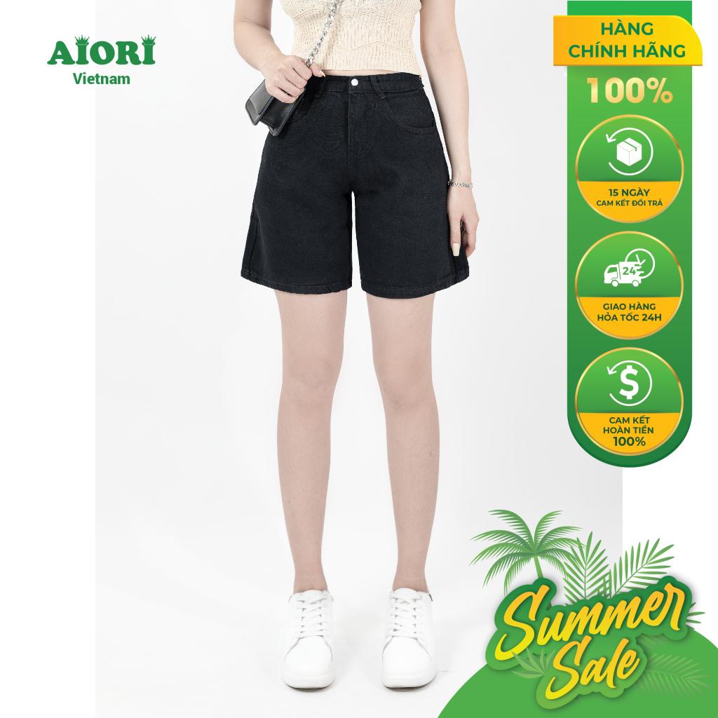 Quần Jean Nữ AIORI Short Ngố Lửng Ống Rộng Màu Đen Dáng Chữ A Lưng Cao Lai Cuốn D001_D
