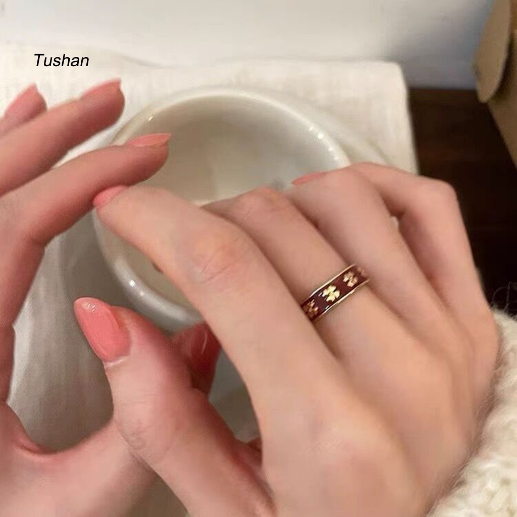 [Ts] Nhẫn Hở Hình Cỏ Bốn Lá Bằng Kim Loại Tráng Men Màu Đỏ Thanh Lịch Có Thể Điều Chỉnh Kích Thước Thời