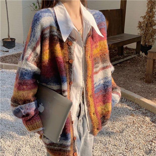 Áo Khoác Cardigan Dệt Kim Cổ Chữ V Dáng Rộng Hoạ Tiết Kẻ Sọc Nhiều Màu Sắc Phong