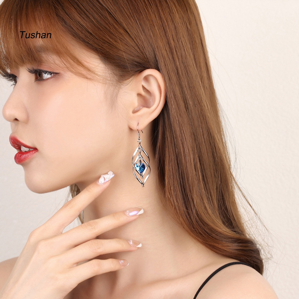 1 Đôi Bông Tai Treo Hình Thoi Đính Pha Lê Giả Hai Lớp Thời Trang Dành Cho Nữ