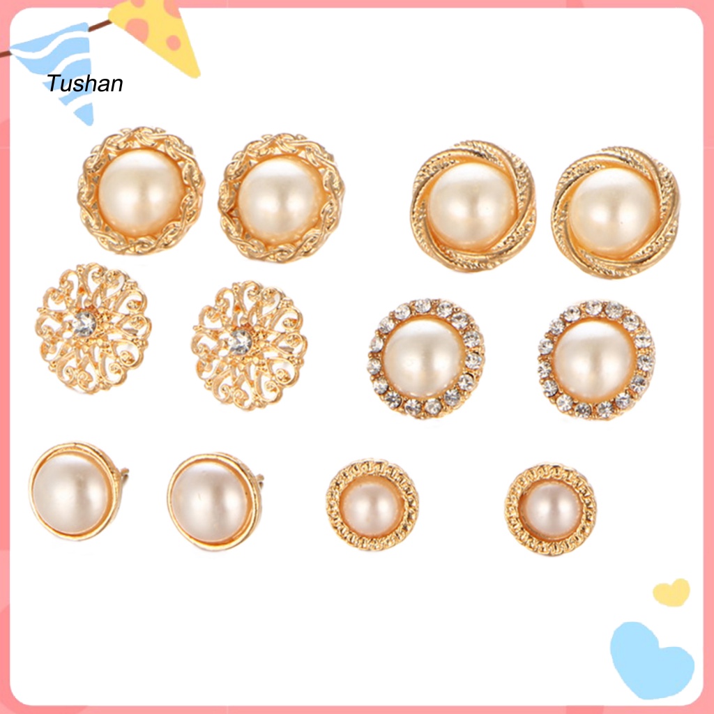 Set 6 Đôi Khuyên Tai Tròn Mạ Điện Đính Đá / Ngọc Trai Giả Thời Trang Cho Nữ