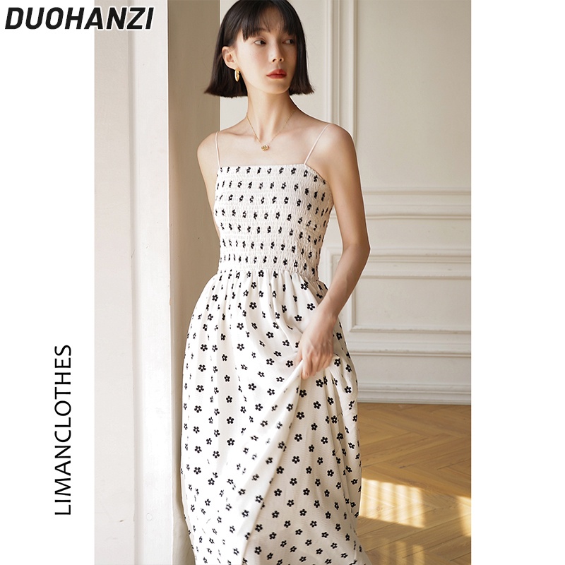 Duohanzi Đầm Dài Hai Dây Ôm Eo Họa Tiết Hoa Trắng Phong Cách Pháp Thời Trang Cho Nữ
