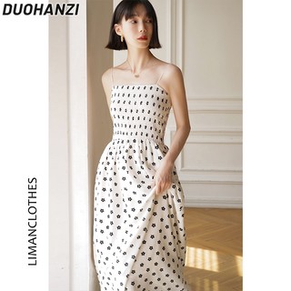 Duohanzi Đầm Dài Hai Dây Ôm Eo Họa Tiết Hoa Trắng Phong Cách Pháp Thời Trang Cho Nữ