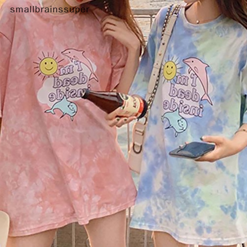 Áo Thun Ngắn Tay Cổ Tròn Dáng Rộng In Màu Nhuộm Thời Trang Mùa Hè Cho Nữ