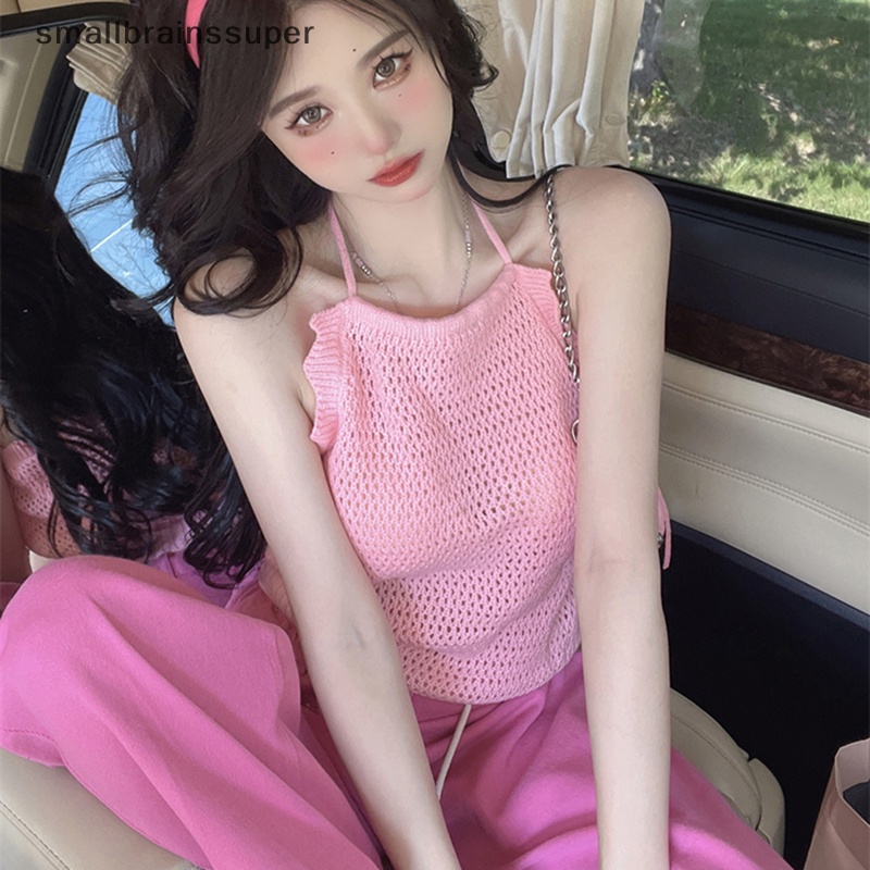 Áo Hai Dây Dệt Kim Màu Trơn Khoét Lỗ Thời Trang Mùa Hè Quyến Rũ Cho Nữ SBS