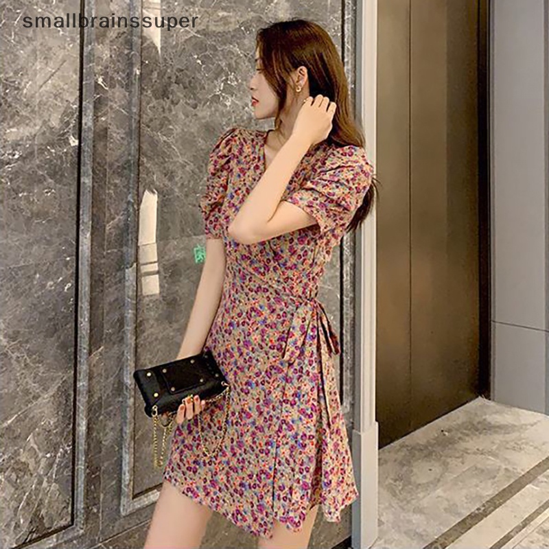 Đầm Tay Ngắn Cổ Chữ V In Họa Tiết Vintage Thời Trang Mùa Hè Cho Nữ