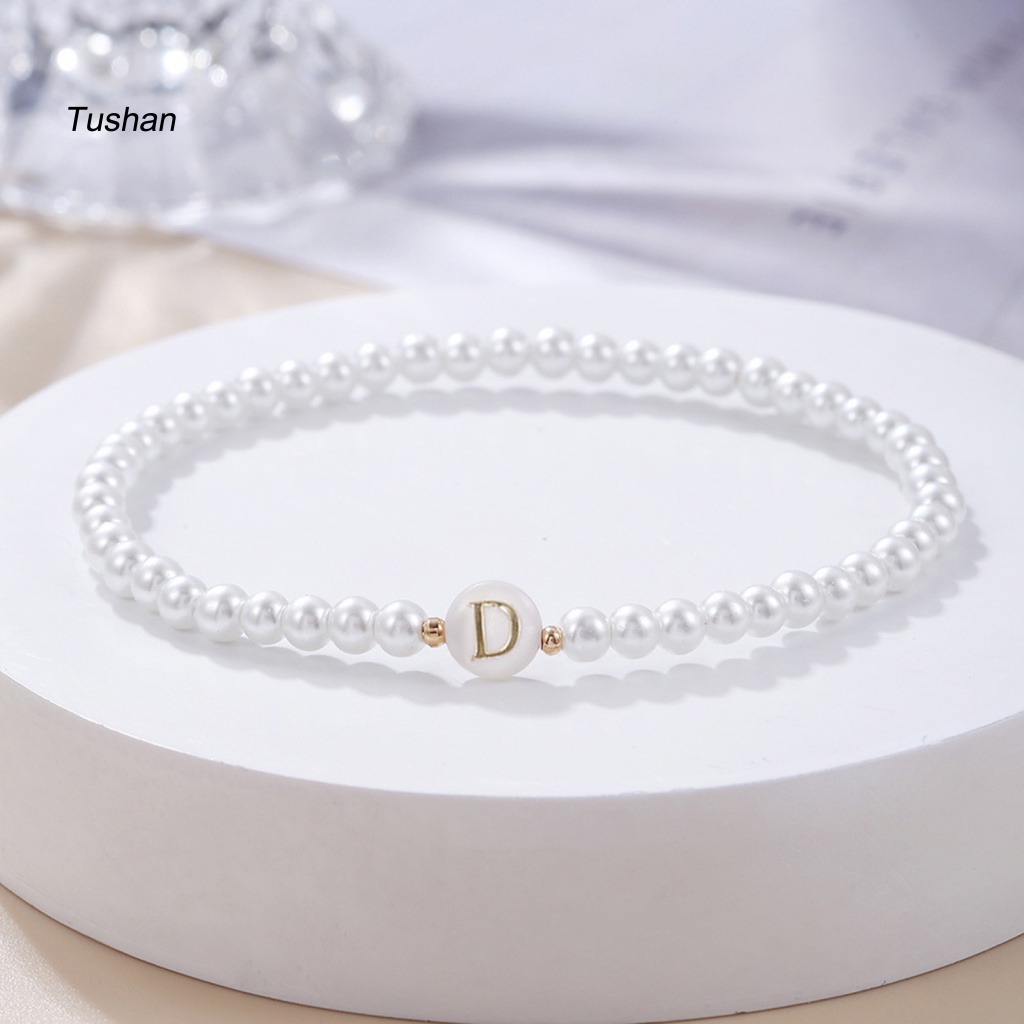 [Ts] Vòng Đeo Tay Chuỗi Hạt Ngọc Trai Cong Bảng Chữ Cái Alphabet Trang Trí Màu Trơn Có Thể Điều Chỉnh Trang Sức Nữ