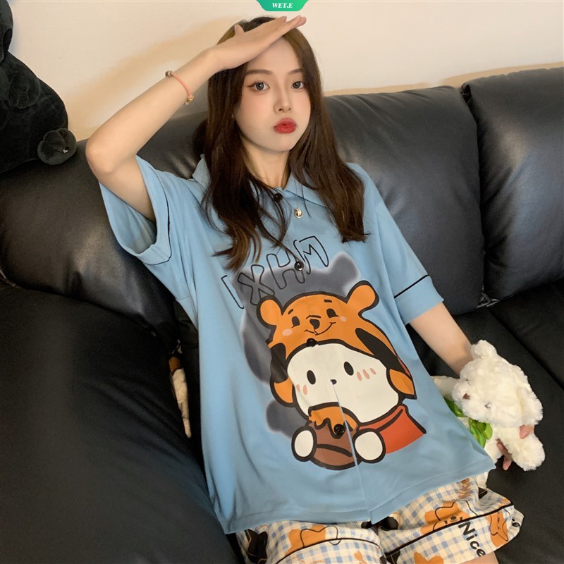 SANRIO Bộ Đồ Ngủ Ngắn Tay Họa Tiết Hoạt Hình Dễ Thương Thời Trang Mùa Hè 2023 Cho Nữ