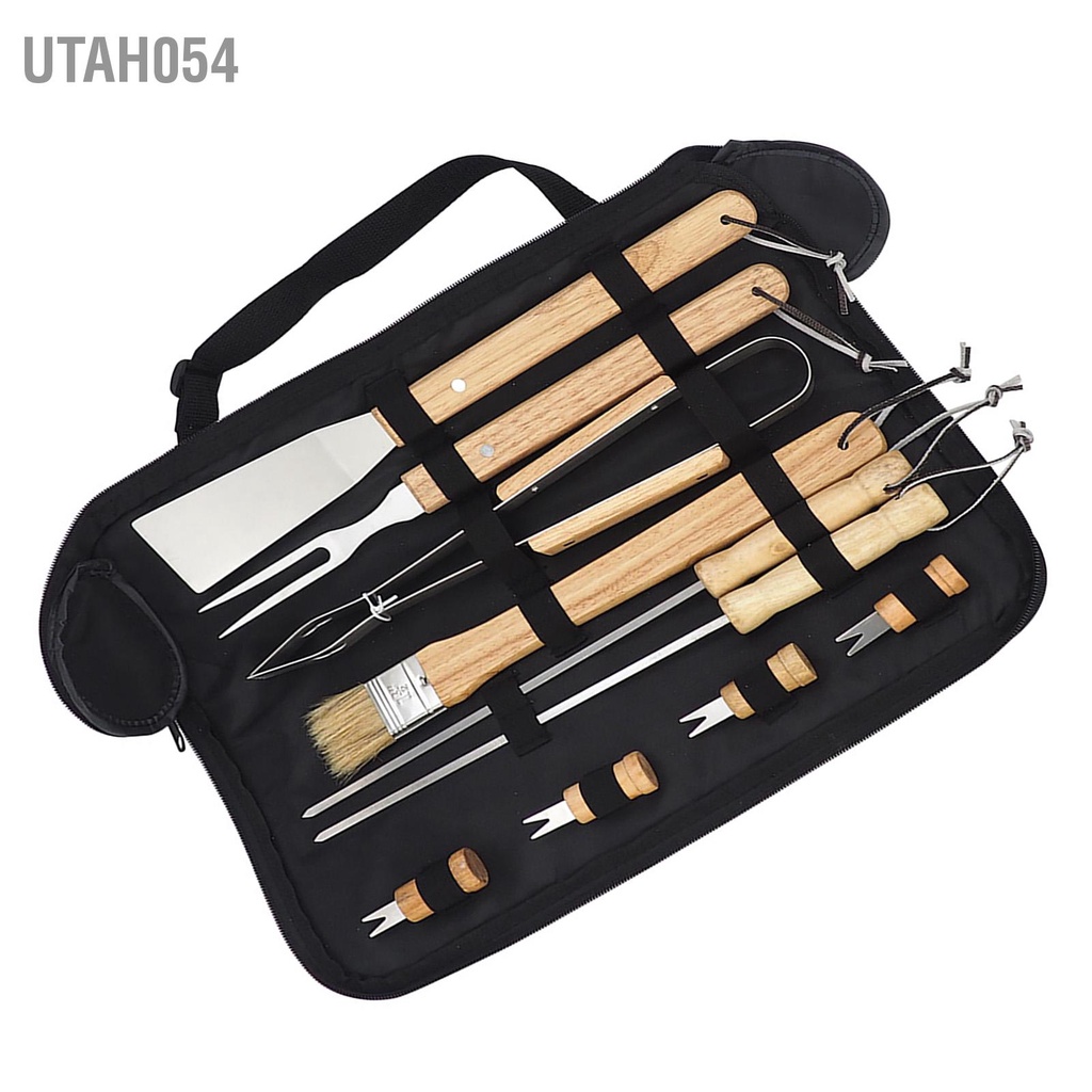 Utah054 Bộ 10 Dụng Cụ Nướng Bằng Thép Không Gỉ Có Tay Cầm Gỗ Cho Dã Ngoại Thịt