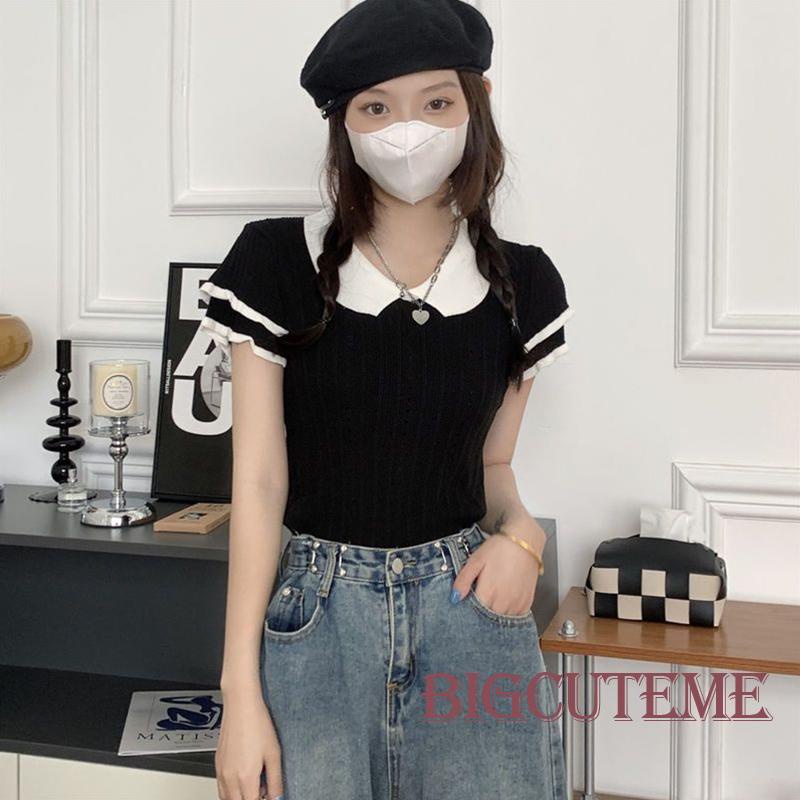 Áo Dệt Kim Tay Ngắn Cổ Búp Bê Màu Sắc Tương Phản Thời Trang Cho Nữ