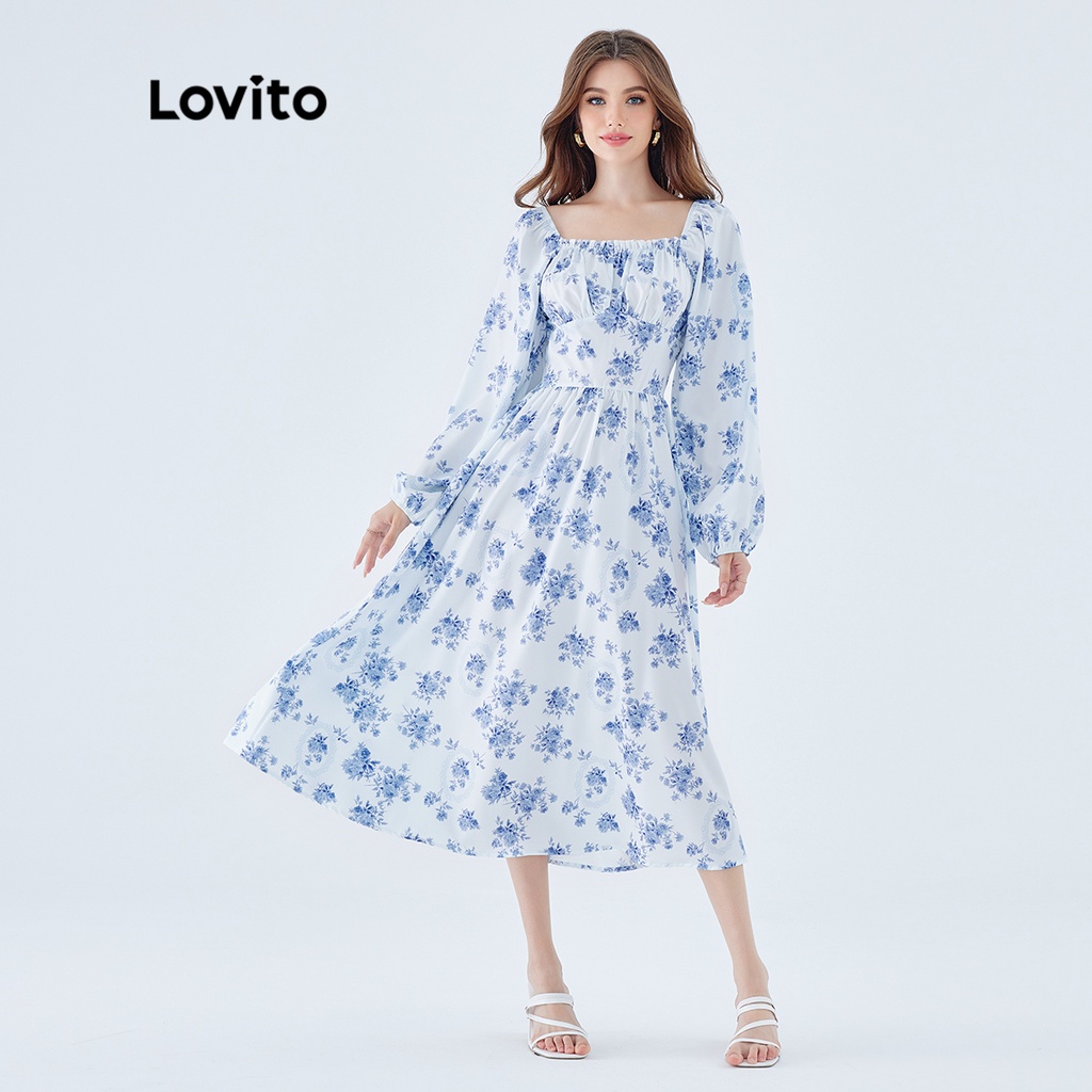 Đầm Lovito đường diễu tay phồng xếp nếp họa tiết hoa thanh lịch cho nữ L49ED115 (Màu vàng nhạt)