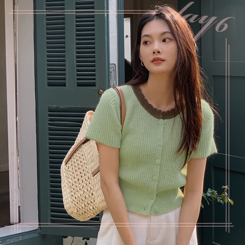 Áo Croptop Dệt Kim Tay Ngắn Cổ Tròn Màu Sắc Tương Phản Ngọt Ngào Thời Trang Cho Nữ