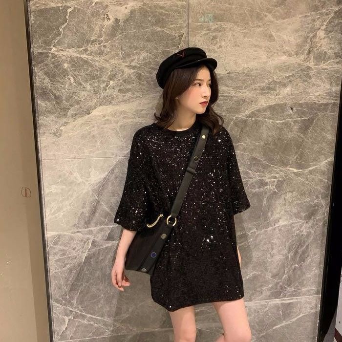 Áo Thun Tay Lỡ Dáng Rộng Đính Kim Sa Lấp Lánh Phong Cách Hàn Quốc Thời Trang Xuân Hè