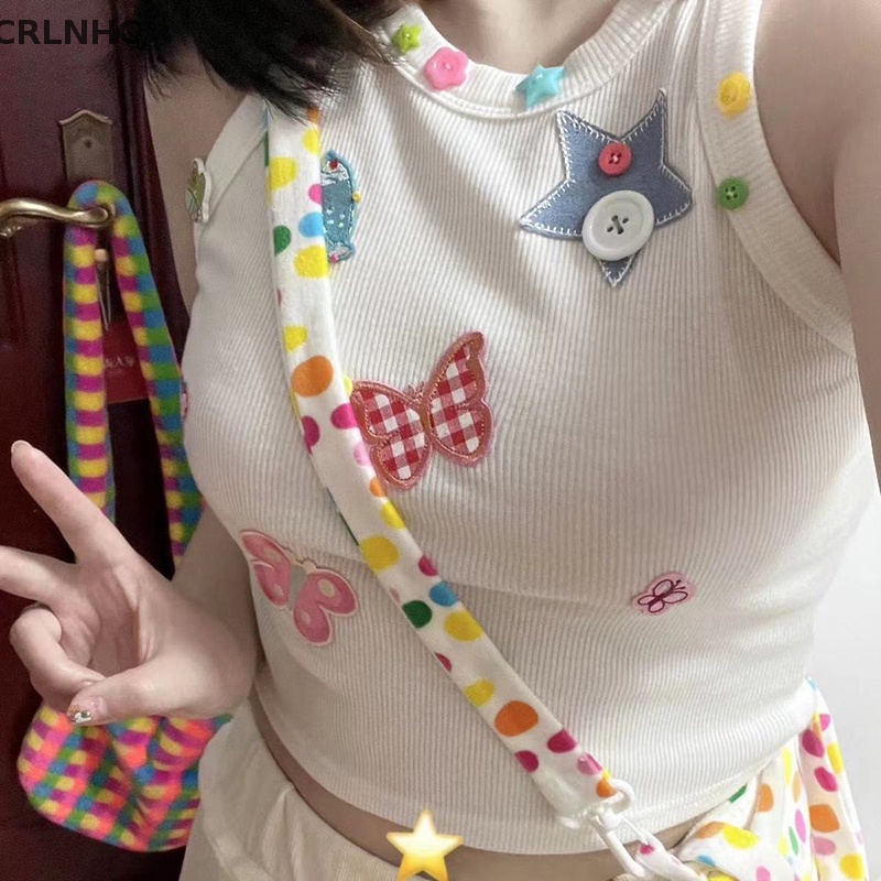 Áo croptop CRLNHC Y2k không tay cổ tròn thêu hình bướm thời trang mùa hè