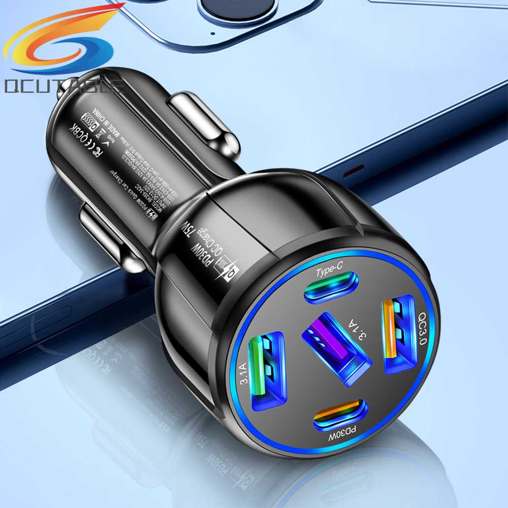 Bộ SạC ĐiệN ThoạI 5 CổNg 75W DC12-32V USB 3.1A Type-C USB QC3.0 PD30W Cho Xe Hơi