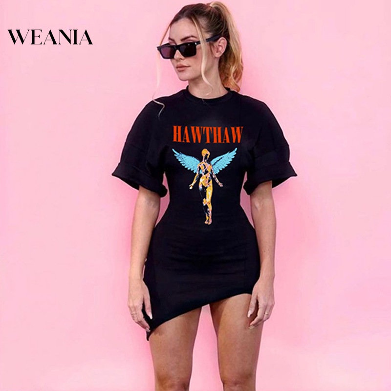 Đầm Mini Tay Ngắn In Hình Thiên Thần Thiết Kế Lệch Tà Xinh Xắn Cho Nữ