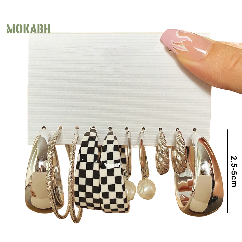 Set 5 Đôi Bông Tai Dạng Vòng Hình Học Họa Tiết Bướm / Trái Tim / Ngọc Trai Giả Màu Trắng Đen Thời Trang Cho Nữ