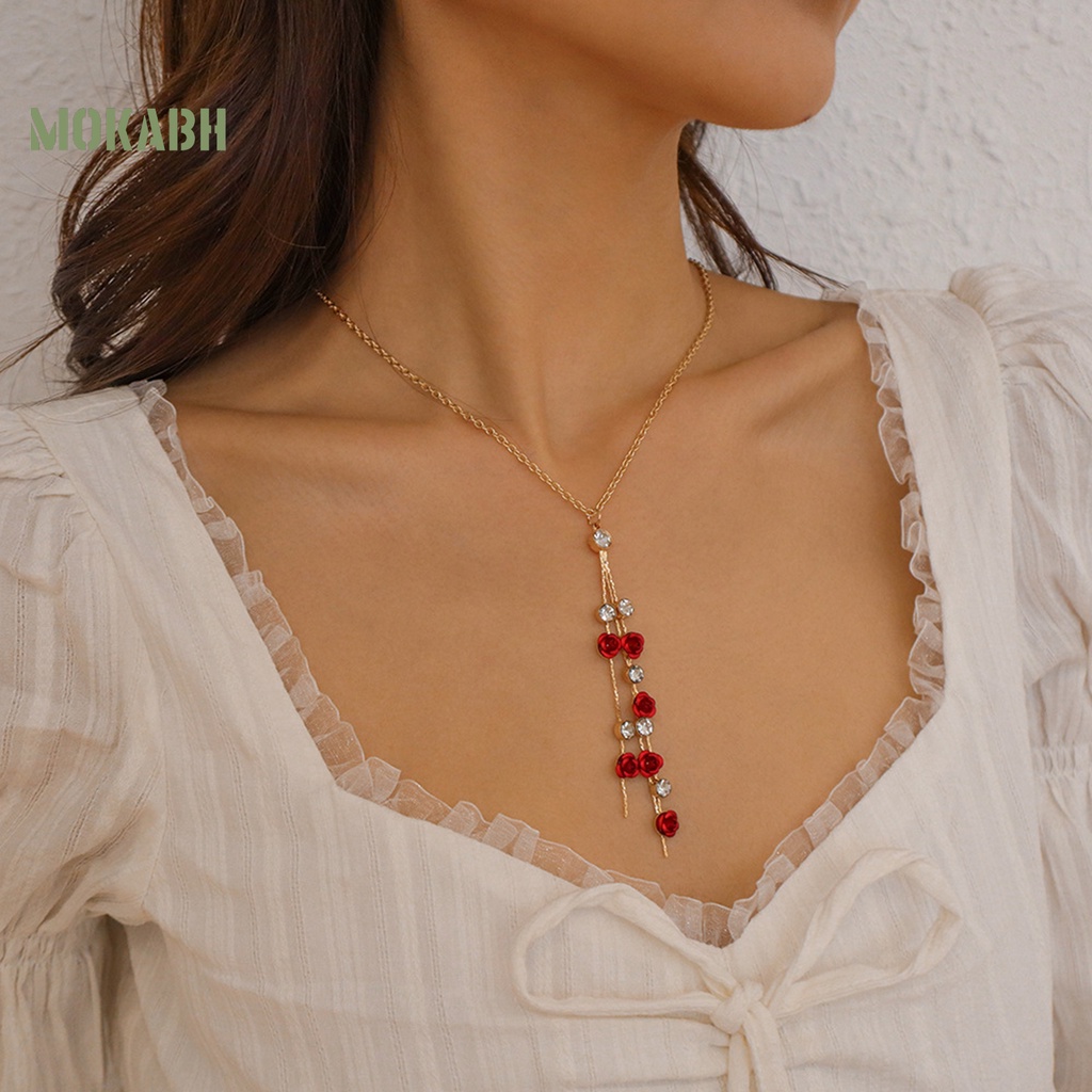 1 Bộ Vòng cổ Và Bông Tai Dáng Dài Đính Đá Màu Đỏ Tương Phản Thời Trang Dành Cho Nữ