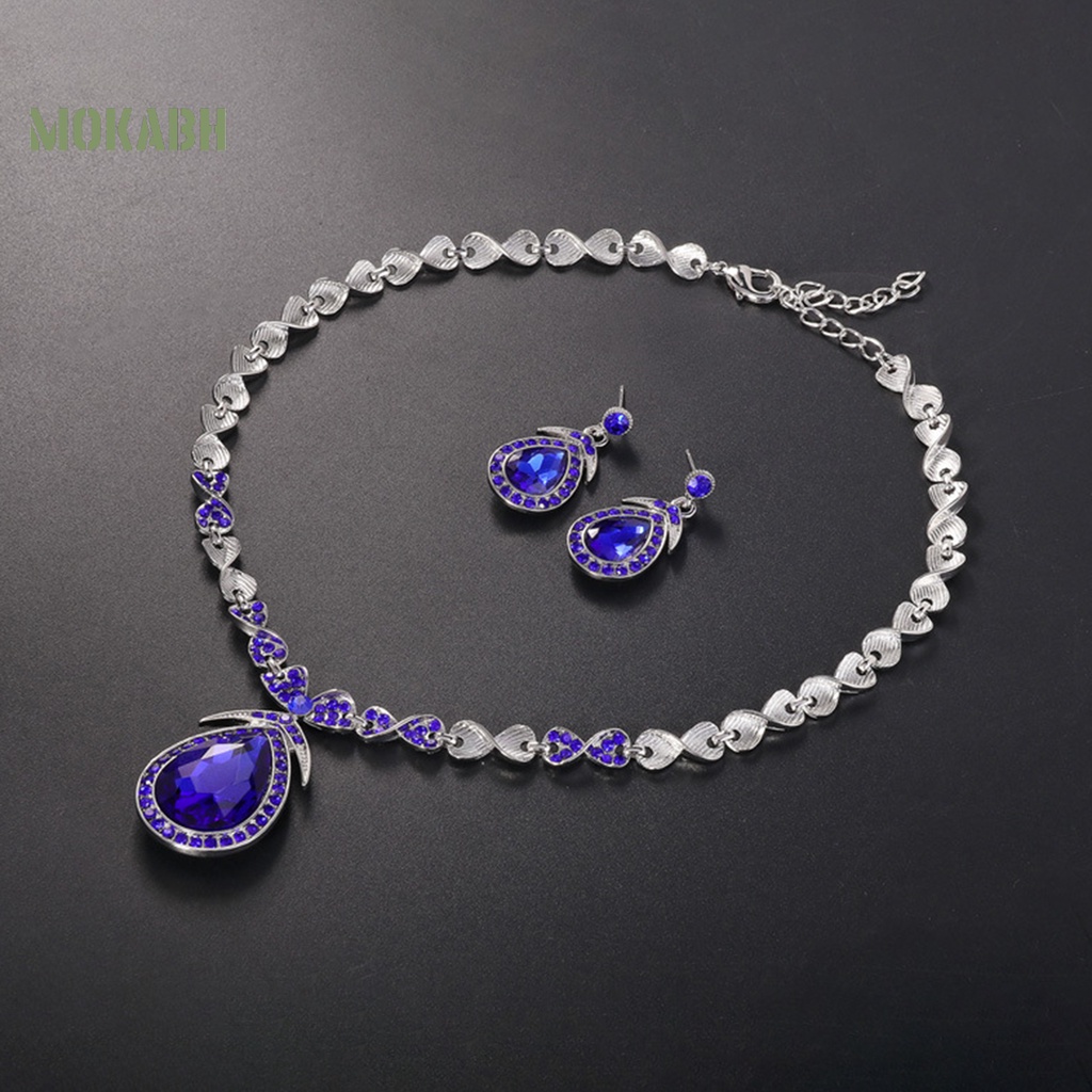 1 Bộ Vòng cổ + Bông Tai Đính Kim Cương Giả Hình Giọt Nước Lấp Lánh Sang Trọng