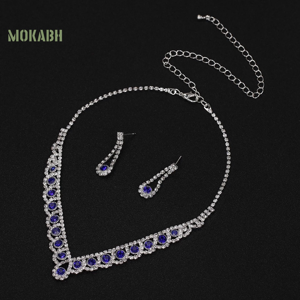 1 Bộ Vòng cổ + Bông Tai Đính Đá Hình Giọt Nước Màu Xanh Dương Sang Trọng