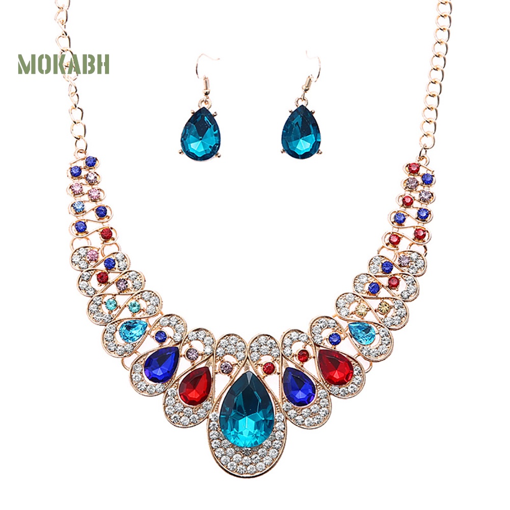 Set 2 Vòng cổ + Bông Tai Đính Đá Hình Giọt Nước