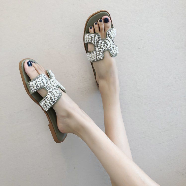 Dép Sandal Đế Bằng Đính Ngọc Trai Thời Trang Mùa Hè Hàng Mới 2023 Dành Cho Bạn Nữ Mang Ngoài Trời