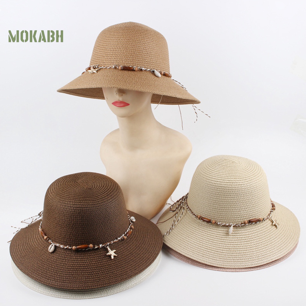 Mũ Vành Tròn Chống Nắng Màu Trơn Trang Trí Vỏ Sò Biển Cho Nữ