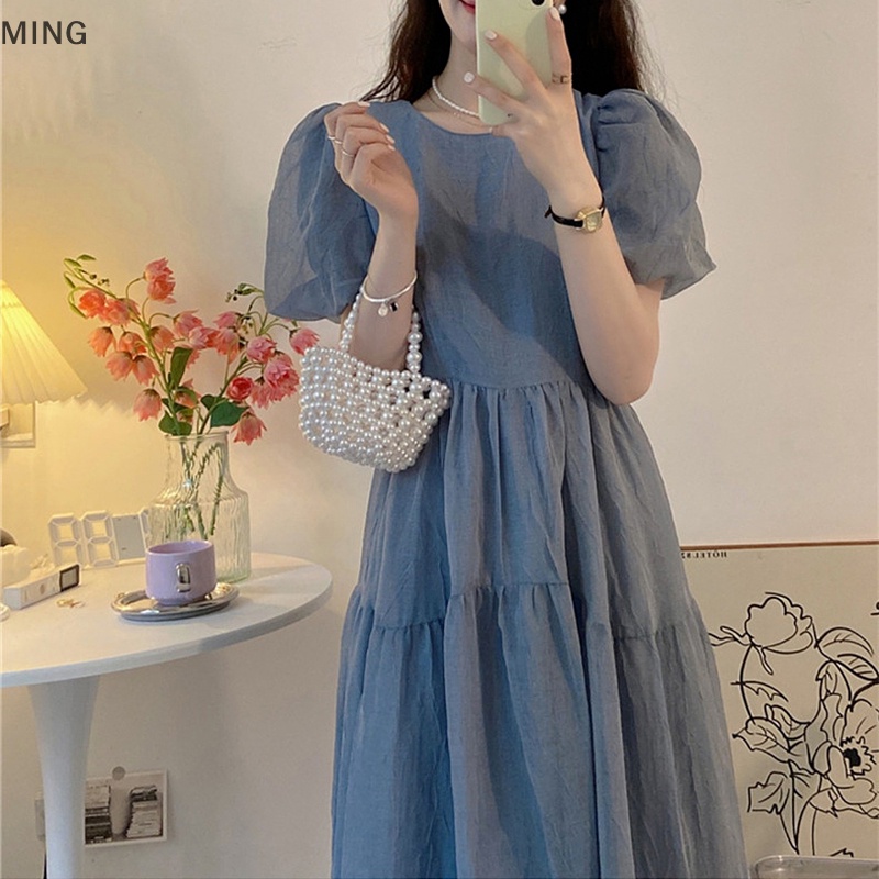 Đầm Midi Tay Phồng Phong Cách Hàn Quốc Thời Trang Mùa Hè Ngọt Ngào Cho Nữ